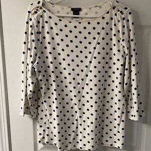 Ann Taylor Factory Cream and Navy Polka Dot Long Sleeve Top